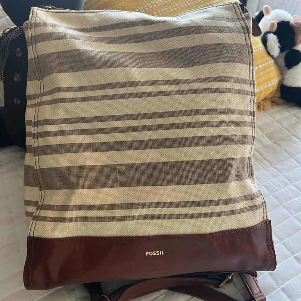 Fossil Canvas and Leather tan striped backpack.